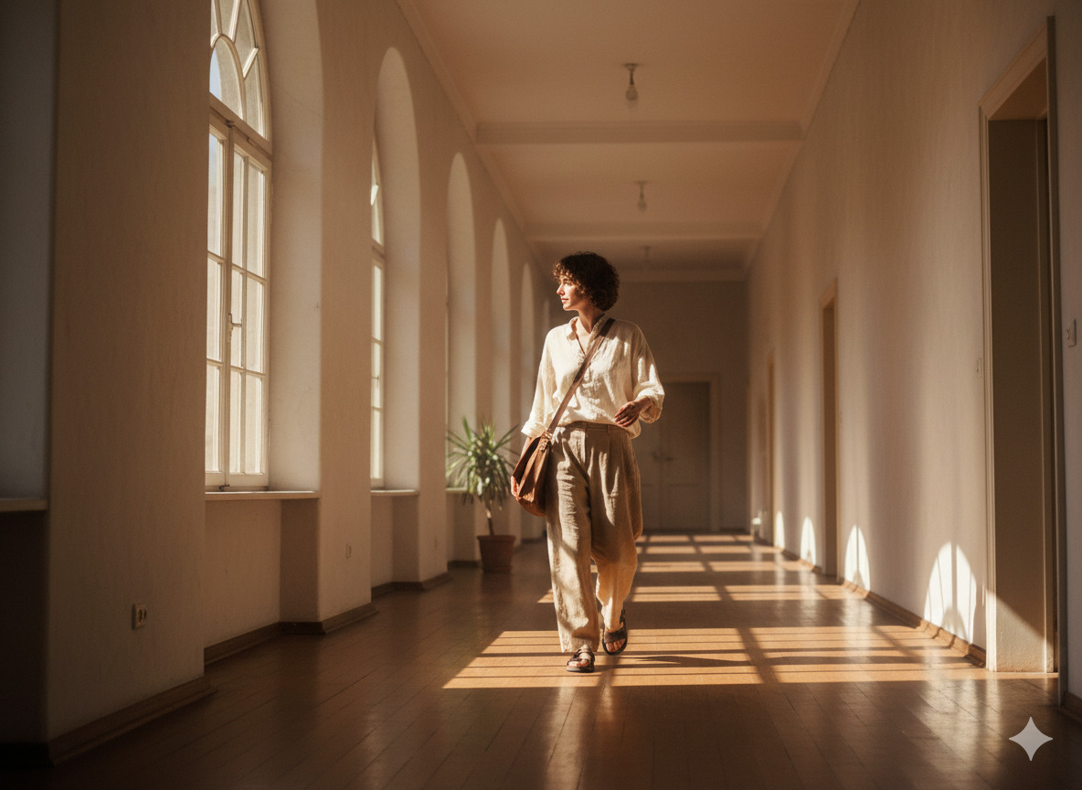 Henkilö kävelee lyhyen matkan käytävässä luonnonvalossa.