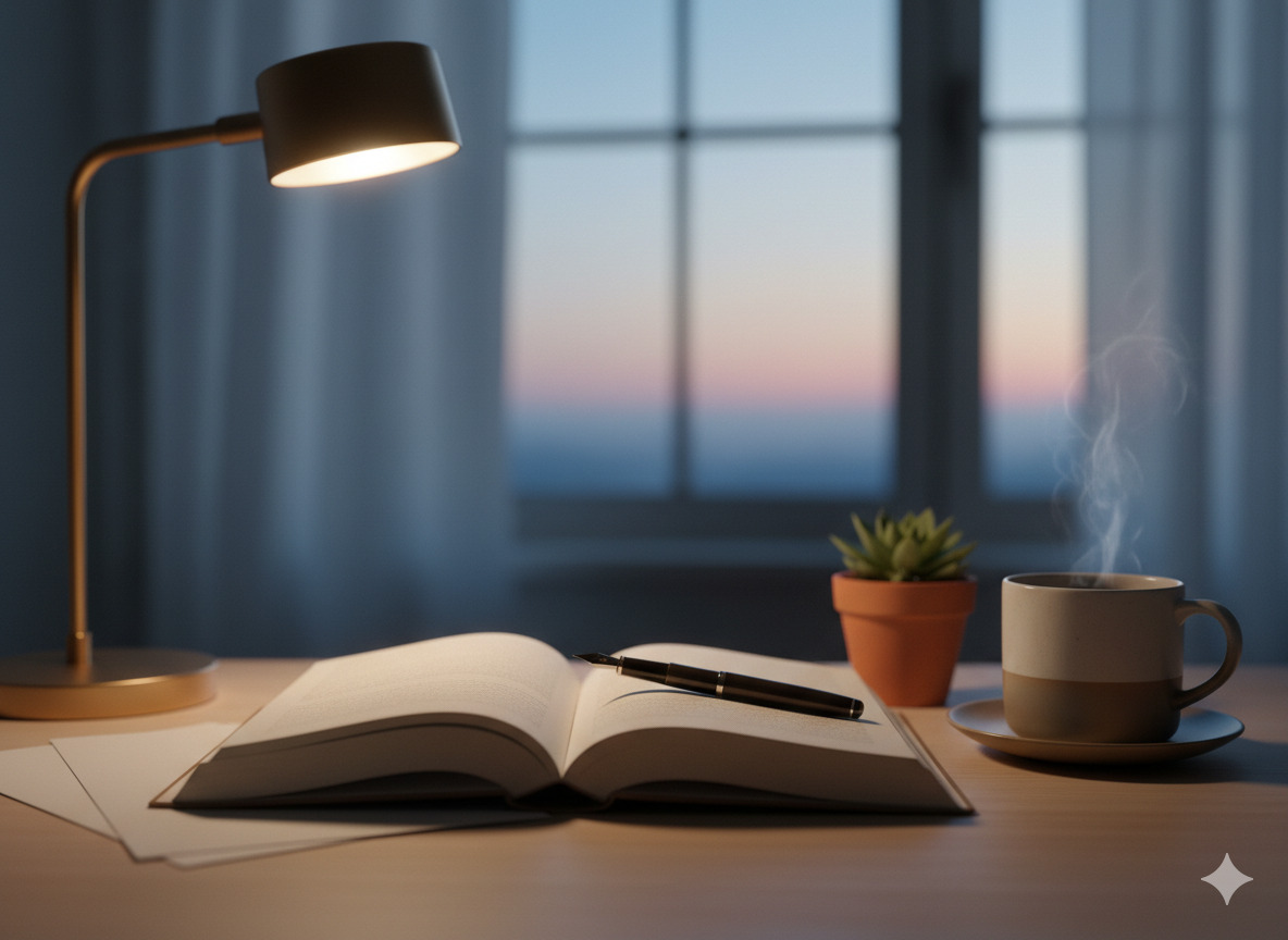 Avoin muistikirja ja kynä pöydällä, tunnelma on rauhallinen.